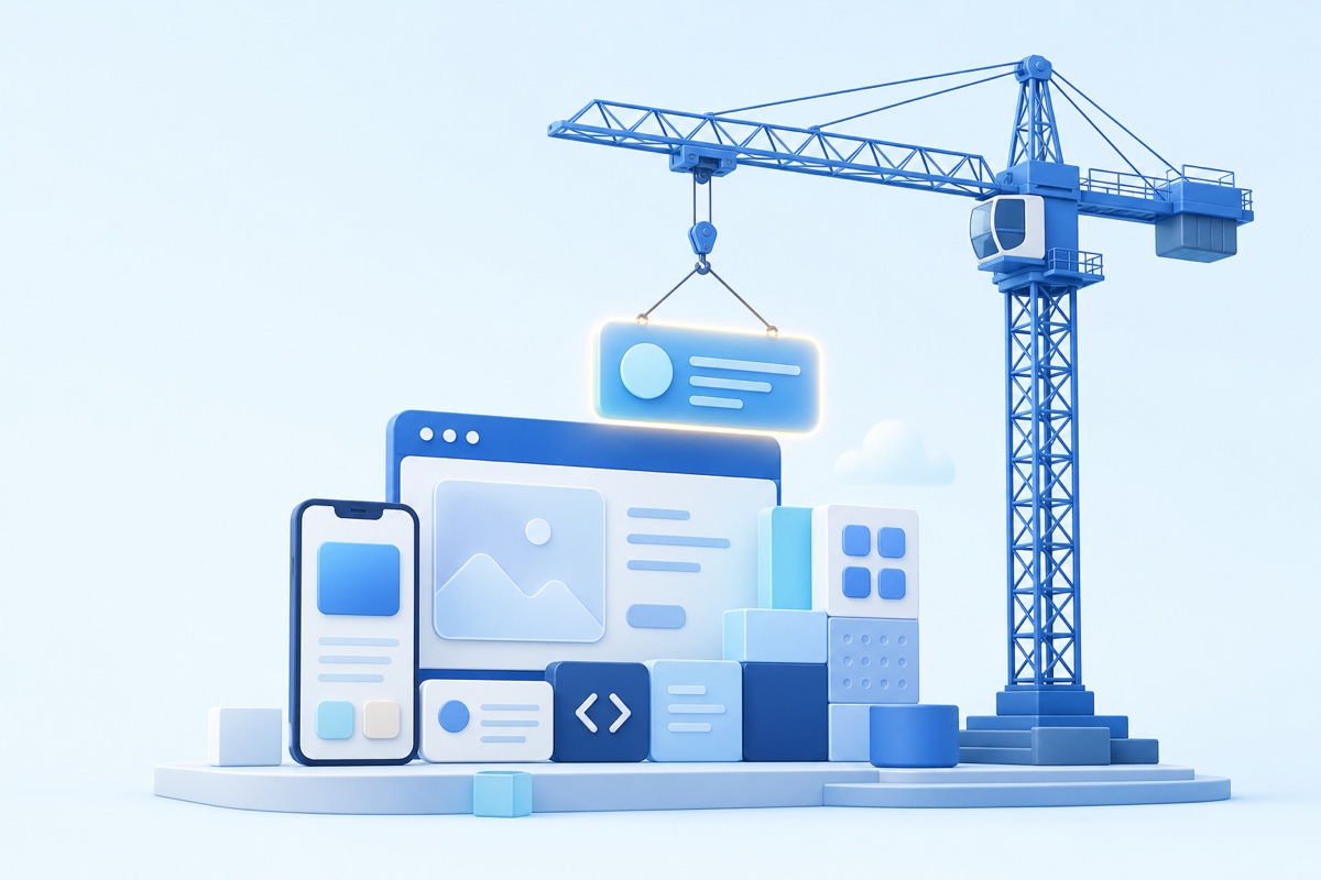A tower crane assembles a digital application from interface modules